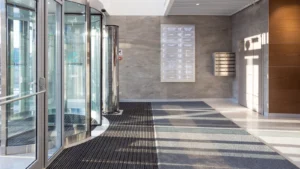 Controlled entrance doors at a modern business building