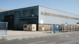 Large commercial warehouse entrance with secure blue gates
