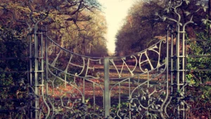 Metal entrance gate surrounded by established greenery
