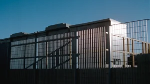 Tall security fencing protecting an industrial building
